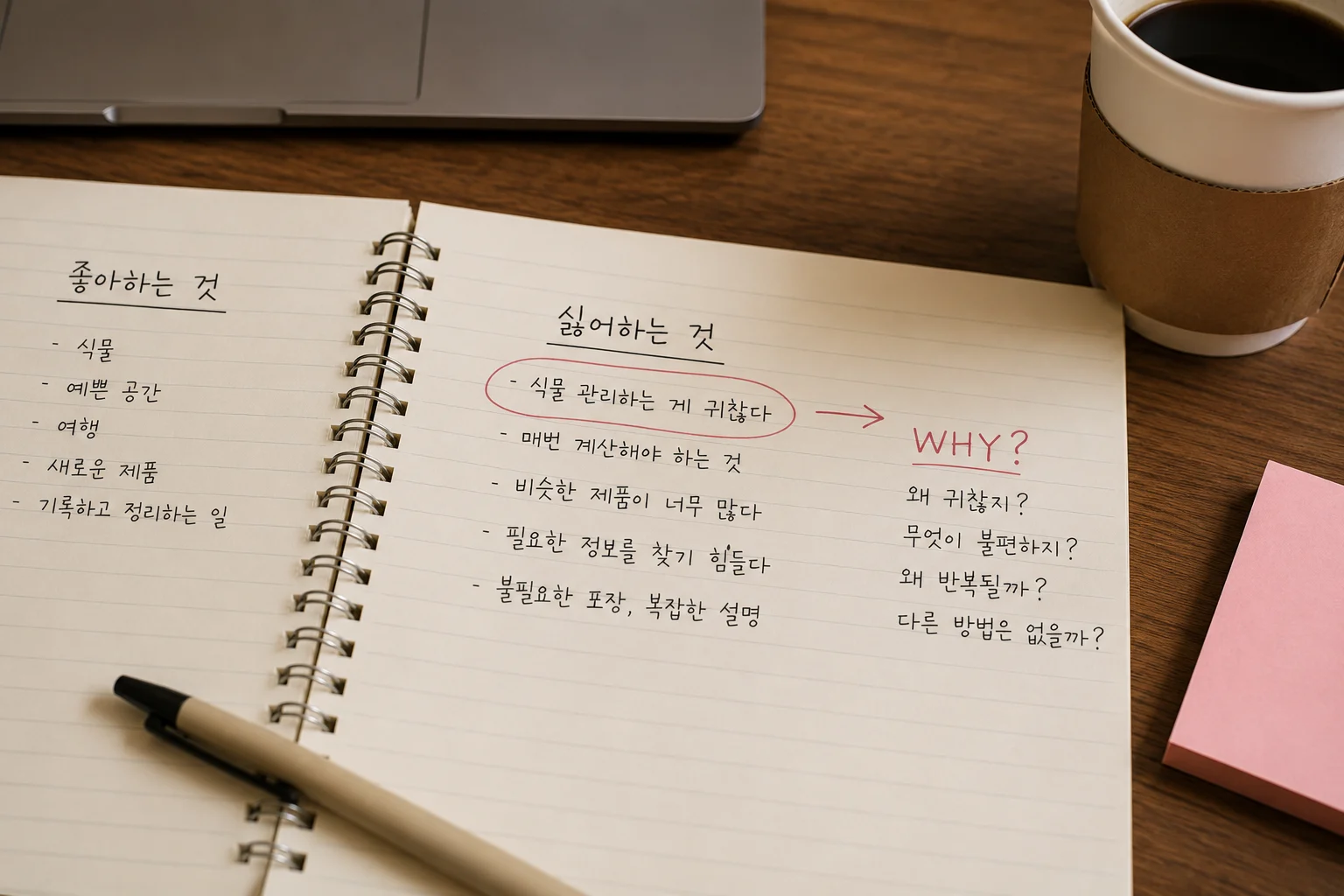 노트에 좋아하는 것과 싫어하는 것을 나누어 적고 WHY 질문을 표시한 아이디어 메모