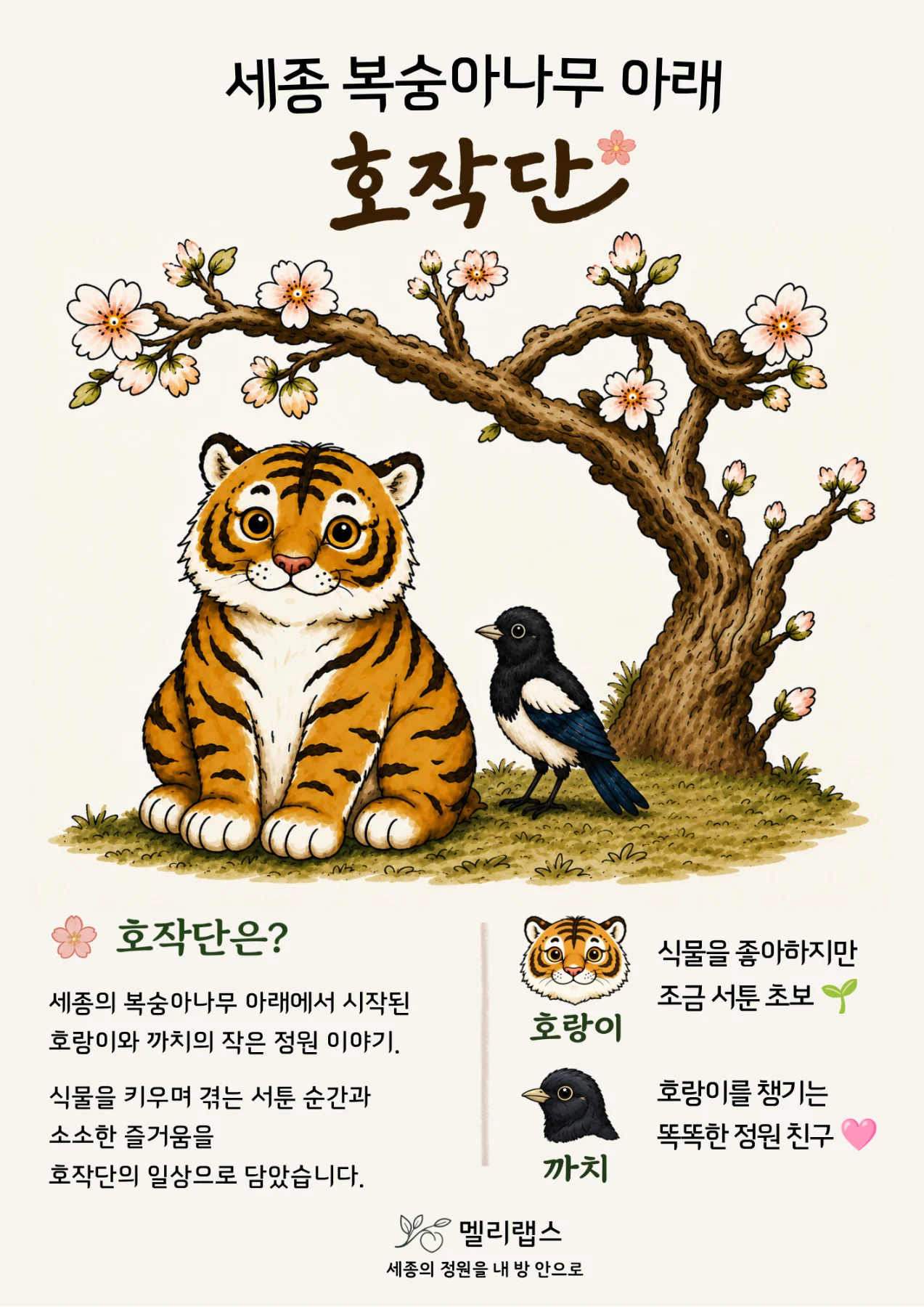 세종 복숭아나무 아래 호랑이와 까치로 구성된 멜리랩스 로컬 캐릭터 IP 호작단