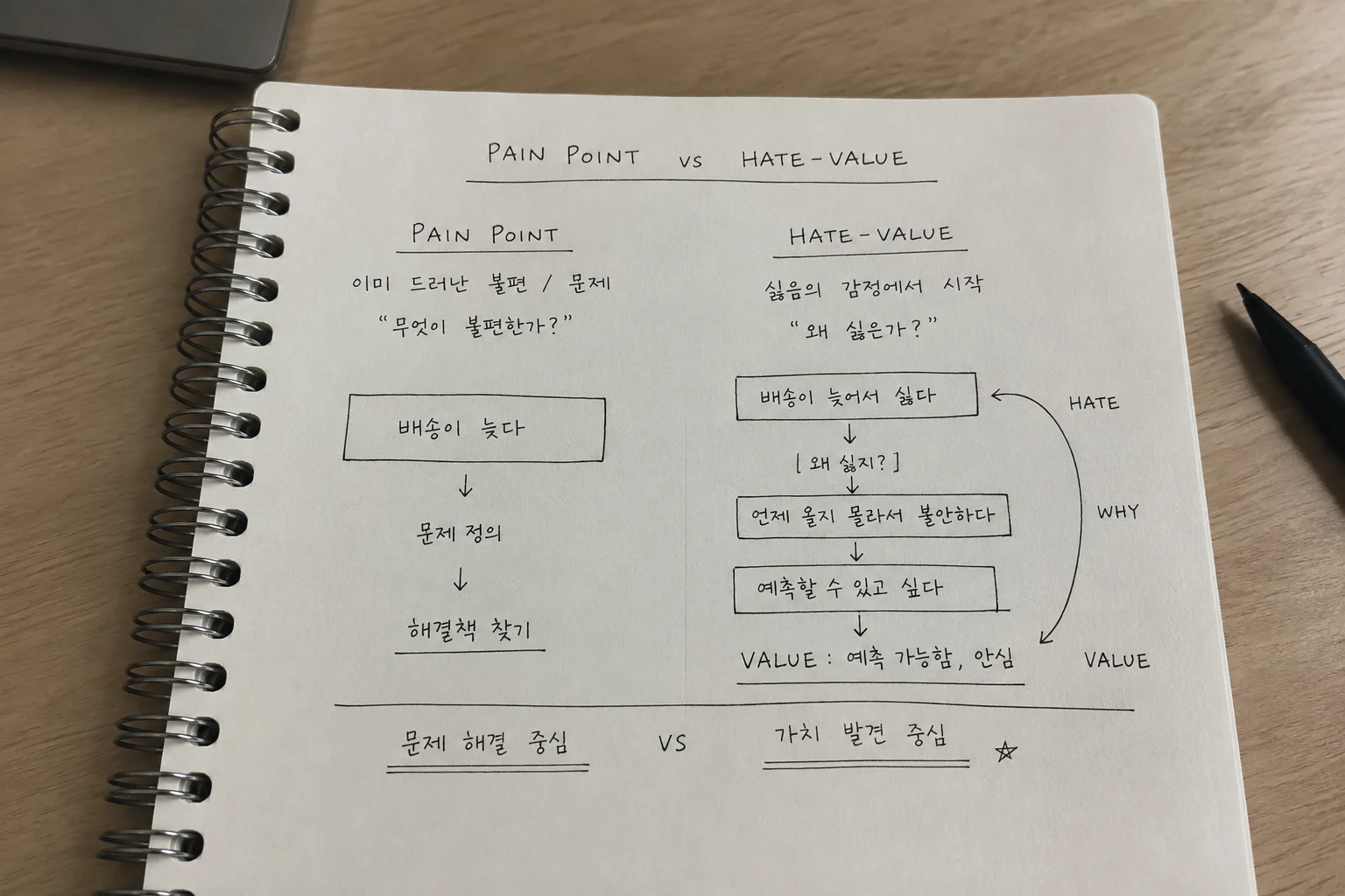 페인포인트와 Hate-Value의 차이를 비교해 정리한 창업 아이디어 노트