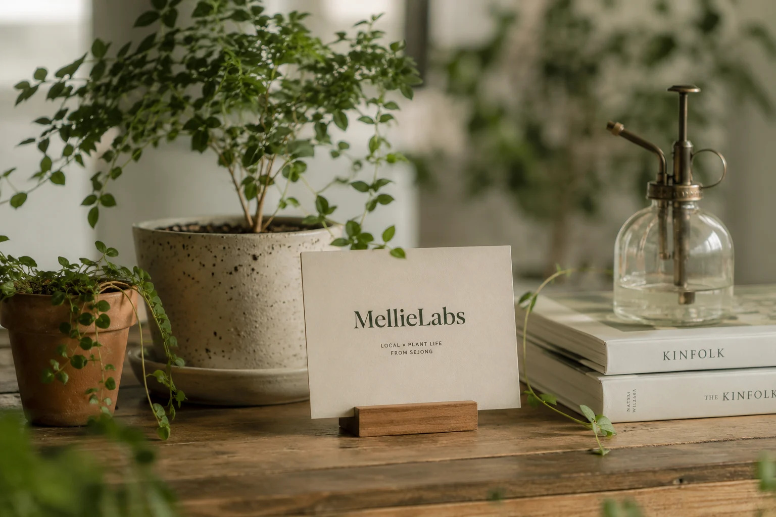 화분과 식물, 유리 분무기와 함께 놓인 MellieLabs 브랜드 카드