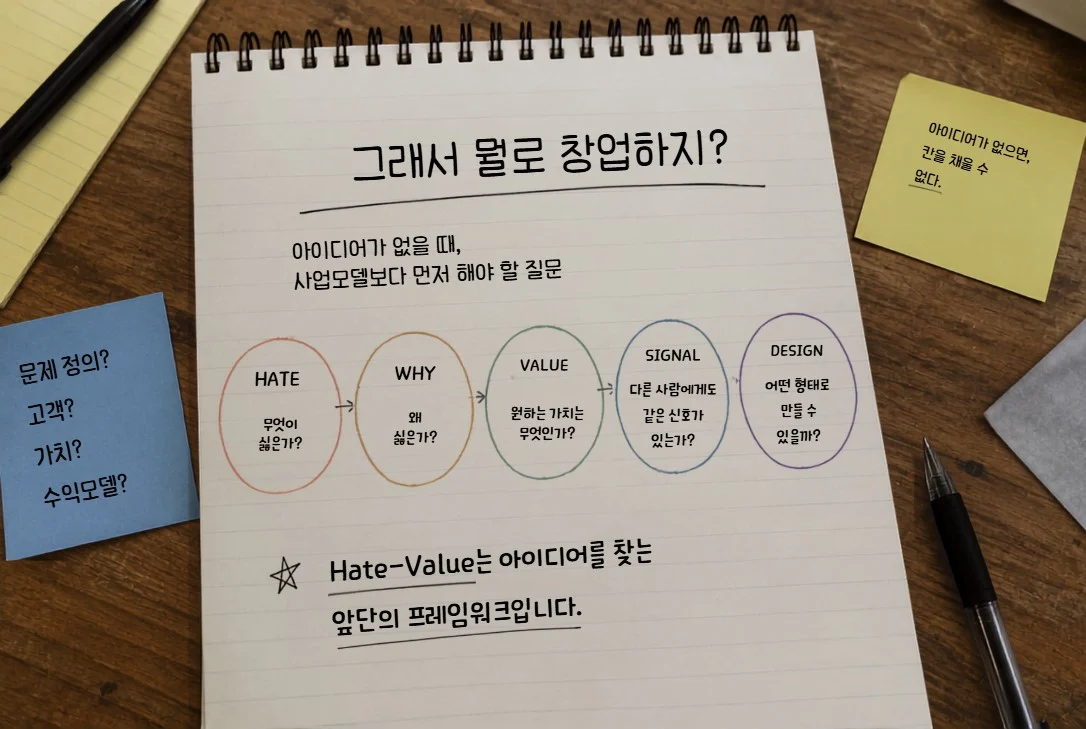 9캔버스 이전 단계에서 HATE, WHY, VALUE, SIGNAL, DESIGN으로 창업 아이디어를 발굴하는 Hate-Value 프레임워크